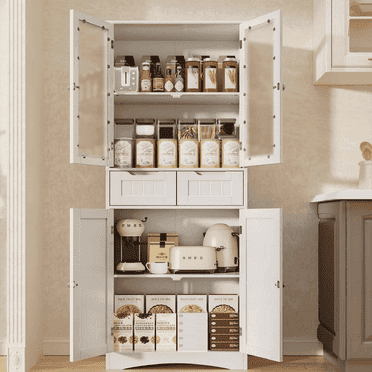 Pantry Cabinet,Lofka 67" Kitchen Pantry with Glass Door & Shelves & 2 Drawers, White