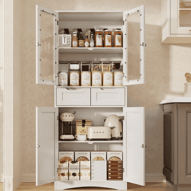 Pantry Cabinet,Lofka 67" Kitchen Pantry with Glass Door & Shelves & 2 Drawers, White