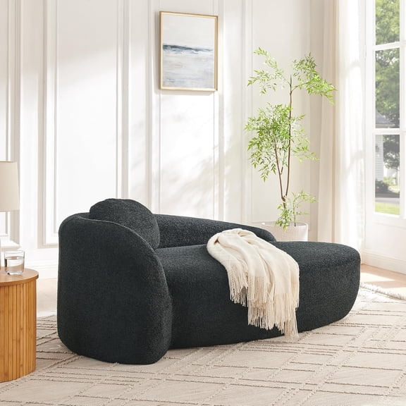 67" L Boucle Chaise Lounge Sofa Chair Indoor with Backrest, Armrest & Pillow, Oval Upholstered Single Lounger Sleeper Chair, Modern Reading Lazy Cloud Sofa Bed Recliner for Living Room Bedroom,Black