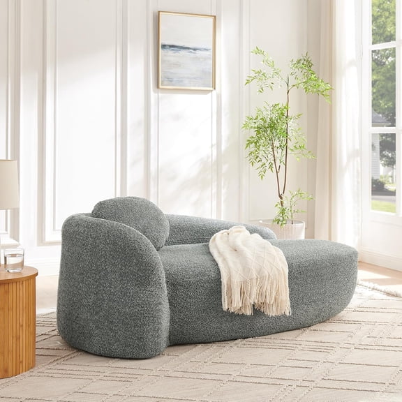 67" L Boucle Chaise Lounge Sofa Chair Indoor with Backrest, Armrest & Pillow, Oval Upholstered Single Lounger Sleeper Chair, Modern Reading Lazy Cloud Sofa Bed Recliner,Dark Grey