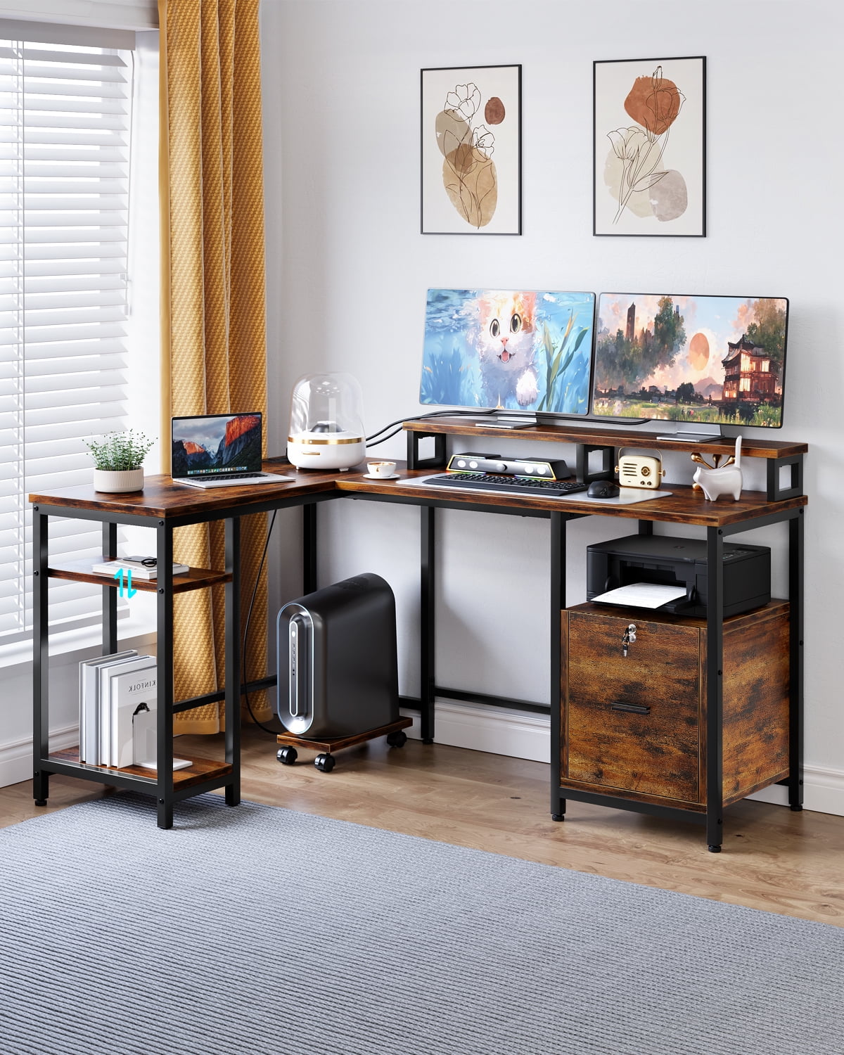 Rustic Brown L-Shaped Gaming Desk with Power Outlet and File Drawer