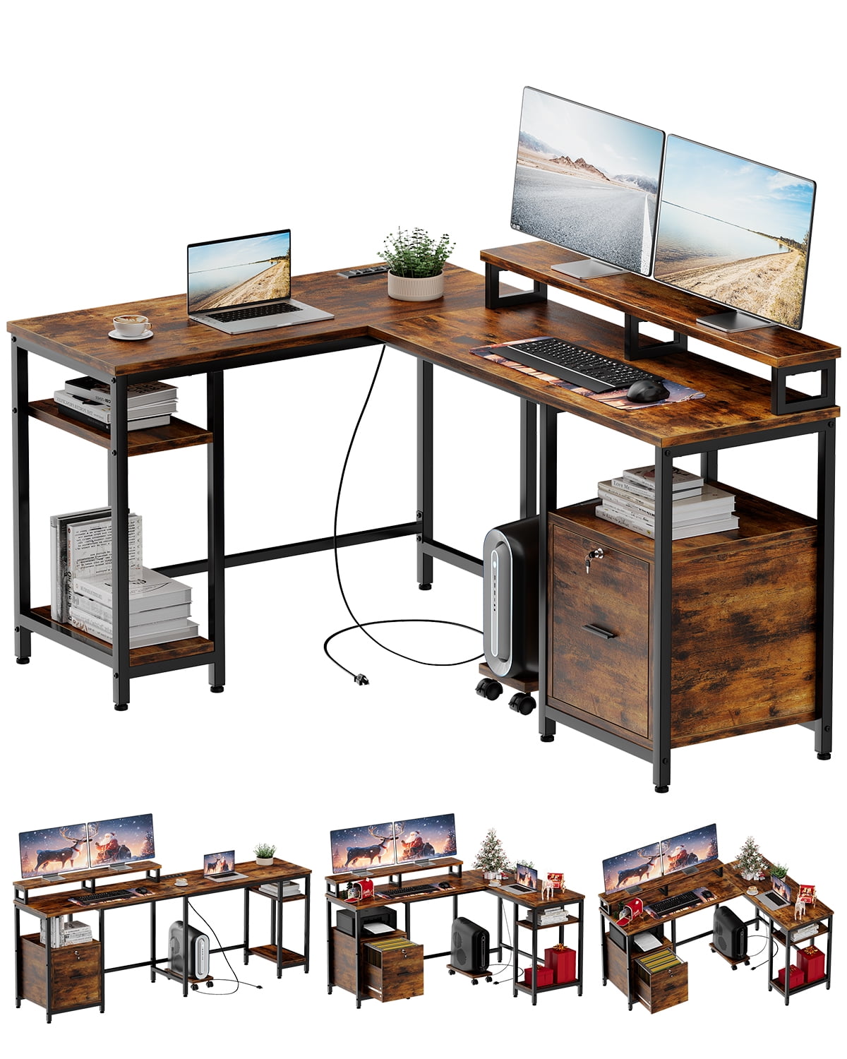 Rustic Brown L-Shaped Gaming Desk with Power Outlet and File Drawer
