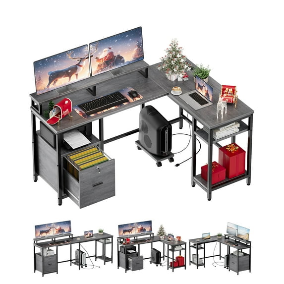 67" L Shaped Computer Desk with Power Outlets,Reversible Corner Gaming Desk with 2 Monitor Stands, Adjustable Storage Shelf,MuItipIe FiIe Drawers,Home Office Desks Writing Study Table Workstation