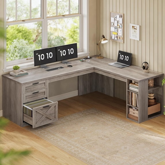 67" L Shaped Computer Desk with 3 Drawers and Storage Shelves, Farmhouse Corner Office Desk, Home Office Desk