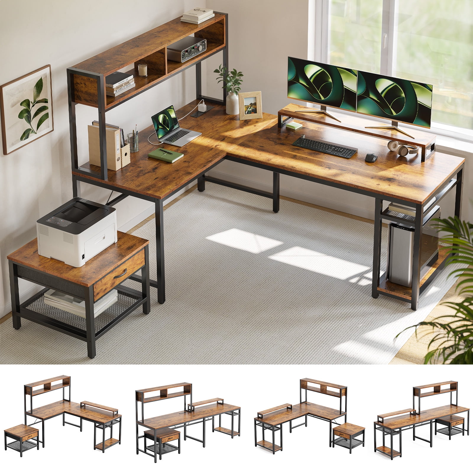 67 L Shaped Computer Desk with Hutch Monitor Stand Reversible