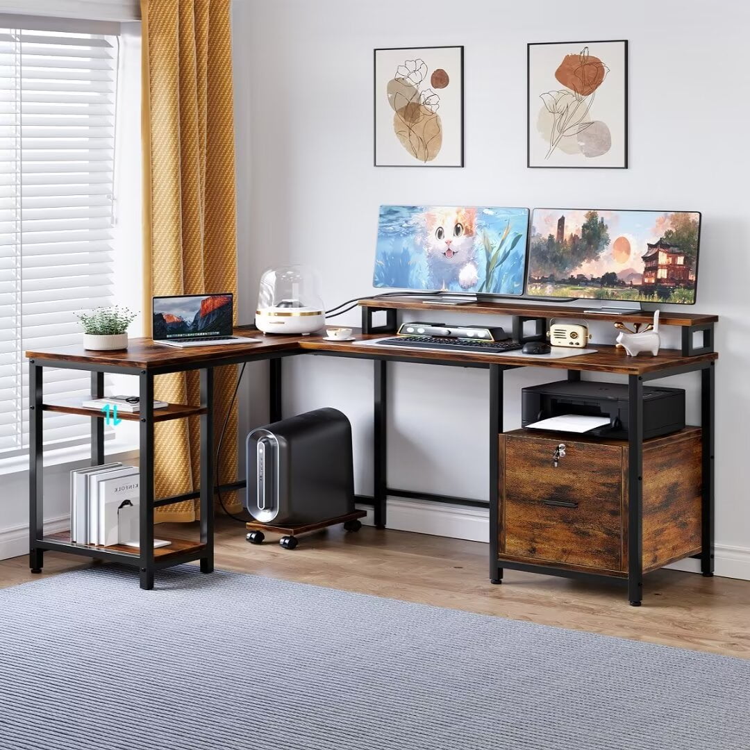 Rustic Brown L-Shaped Gaming Desk with Power Outlet and File Drawer