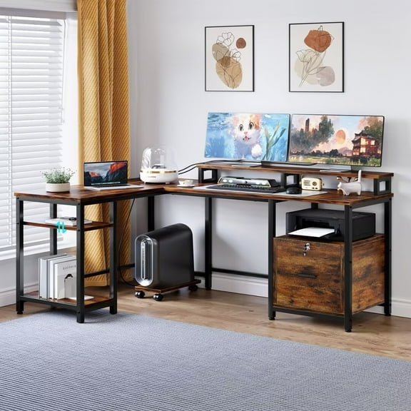67" L Shaped Computer Desk with Power Outlet, Reversible Gaming Desk Corner Desk with File Drawer & 2 Monitor Stands, for Gaming Writing Home Office
