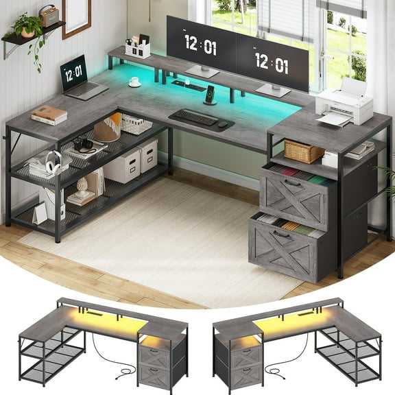 SEDETA 67" L Shaped Desk with Drawers, Computer Office Desk with Storage Shelves & Power Outlet, Reversible Gaming Desk with LED Lights for Home Office, Grey