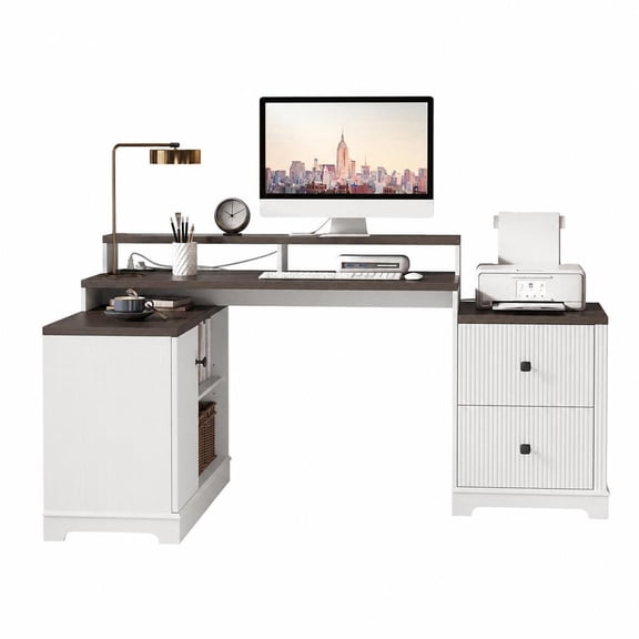 67" L Shaped Executive Desk with Drawers & Storage Shelf, Corner Computer Desk with Power Outlets, Home Office Desk with Monitor Stand, Printer Shelf, Computer Writing Desk for Work, Oak
