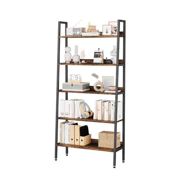 67" Ladder Bookshelf, 5 Tier Bookcase, Industrial Free Standing Shelf, Home Office Storage Organizer with Metal Frame, Bookcase and Bookshelf for Home Office Kitchen Living Room, Brown