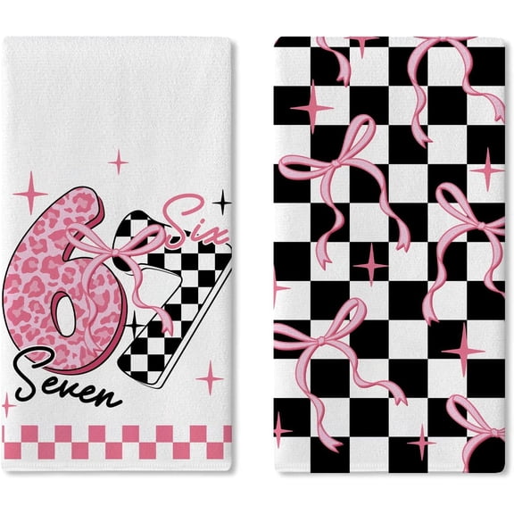 67 Leopard Checkered Kitchen Dish Towels Set of 2, Pink Bow Six Seven Racing Car Drying Hand Towel Baking Cooking Cloth, Coquette Preppy Girly Bathroom Home Decoration 18''x26''