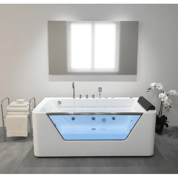 67" Luxury Whirlpool Bathtub with Panoramic Glass Window | 7 Hydro-Massage Jets, Waterfall Faucet & LED Chromatherapy | 1HP 750W Motor, Acrylic Spa Jetted Tub (110V) Middle Drain