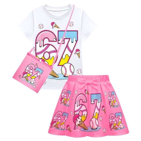 67 Meme Kid Girl Clothes Skirt Set 3 Piece Outfits Summer Casual Short Sleeve Top Skirt and Small Bag Set Birthday Gifts for Girls 2-10