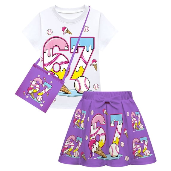 67 Meme Kid Girl Clothes Skirt Set 3 Piece Outfits Summer Casual Short Sleeve Top Skirt and Small Bag Set Birthday Gifts for Girls 2-10