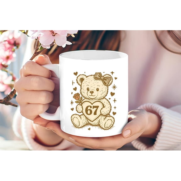 67 Meme Mug, Cute Teddy Bear 67 Cup, Funny Number Meme Coffee Mug, Viral Internet Meme Mug Gift