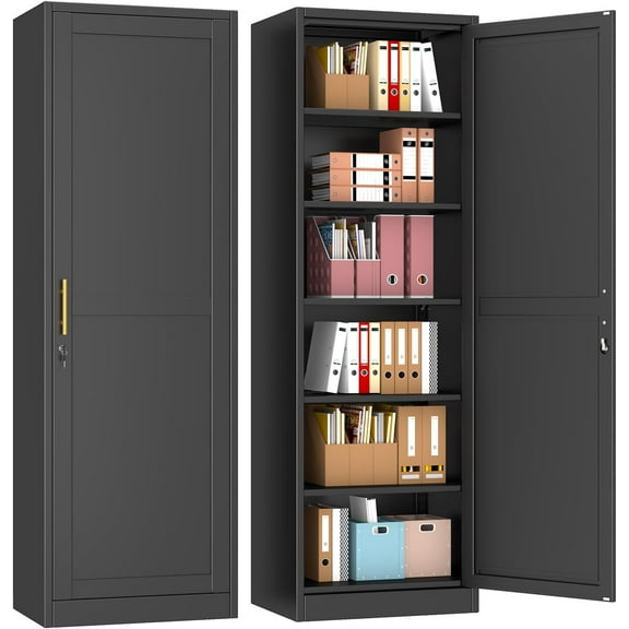 67" Metal Storage Cabinet with Lock, Tall Narrow Office File Cabinets with 5 Adjustable Shelves, Metal Steel Locker for Home, School, Office, Garage or Gym (Black)