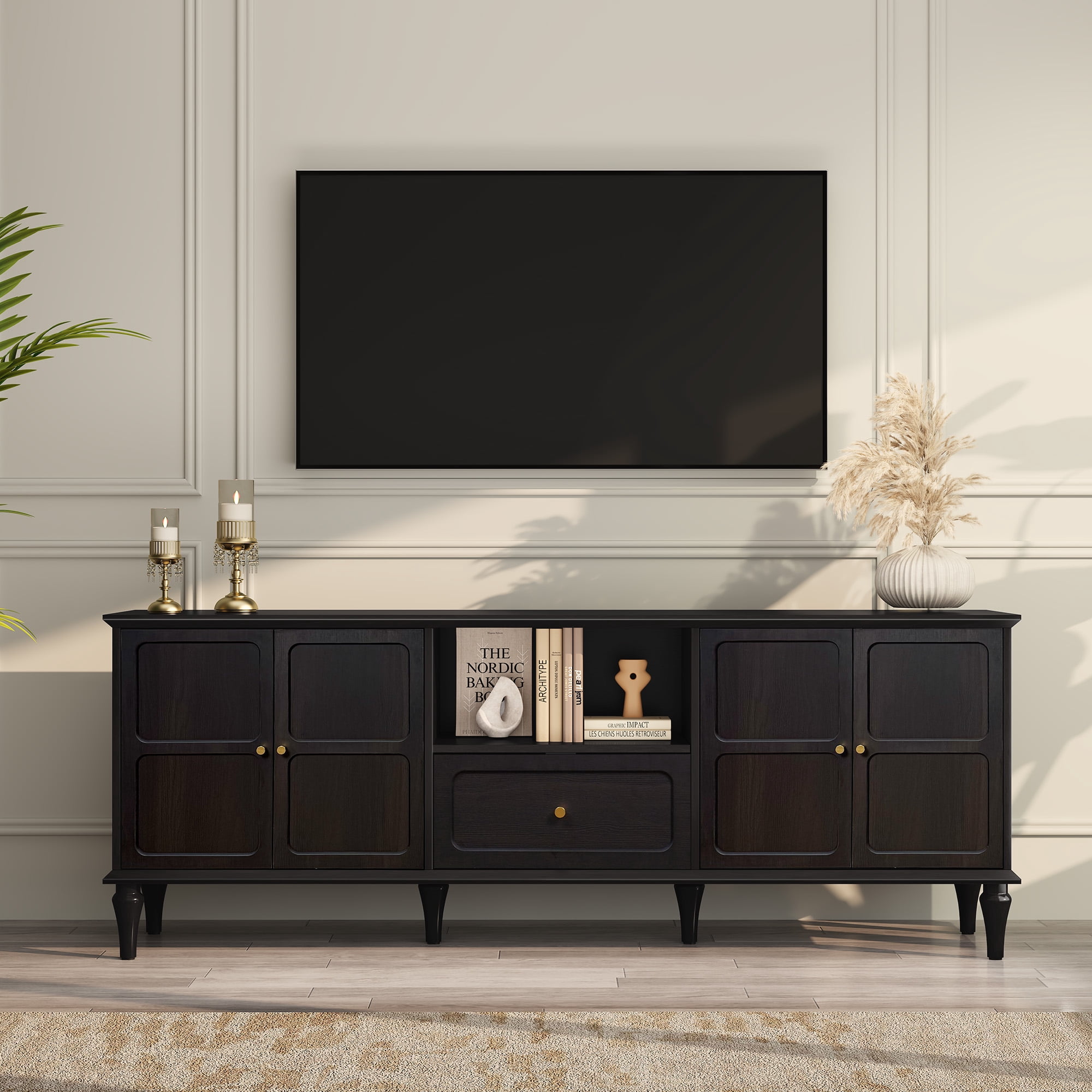 67" Mid-Century TV Stand for TVs up to 75 " , Retro Entertainment Center with Storage Cabinets and Drawers,Black
