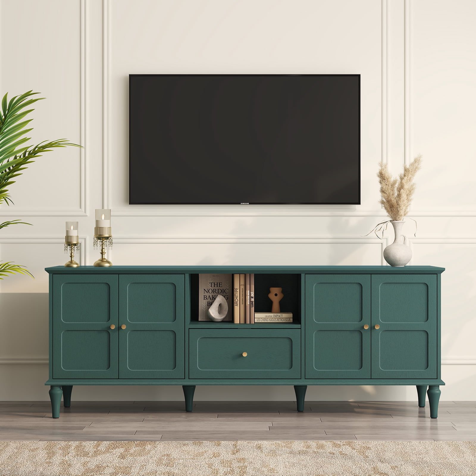 67" Mid-Century TV Stand for TVs up to 75 " , Retro Entertainment Center with Storage Cabinets and Drawers, Green