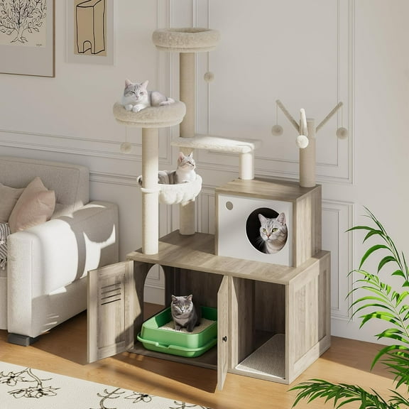 67" Modern Cat Tree with Hidden Litter Box Enclosure, Multi-Level Tower with Sisal Scratching Posts, Plush Hammock & Perch for Small/Medium Cats (Fits Standard Litter Boxes)