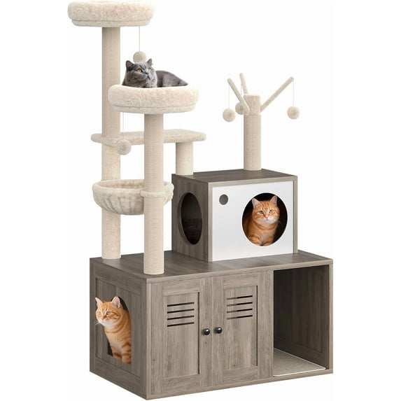67" Modern Cat Tree with Hidden Litter Box Enclosure, Multi-Level Tower with Sisal Scratching Posts, Plush Perch & Hammock for Small/Medium Cats (Fits Standard Litter Trays)