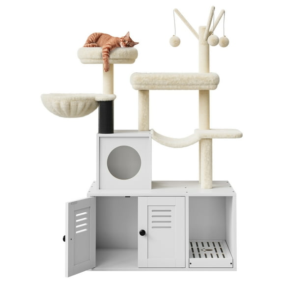 67" Modern Cat Tree with Litter Box Enclosure - Tall Multi-Level Cat Tower with Sisal Scratching Posts & Removable Cushions - Furniture Style Cat Condo with Perch & Hammock