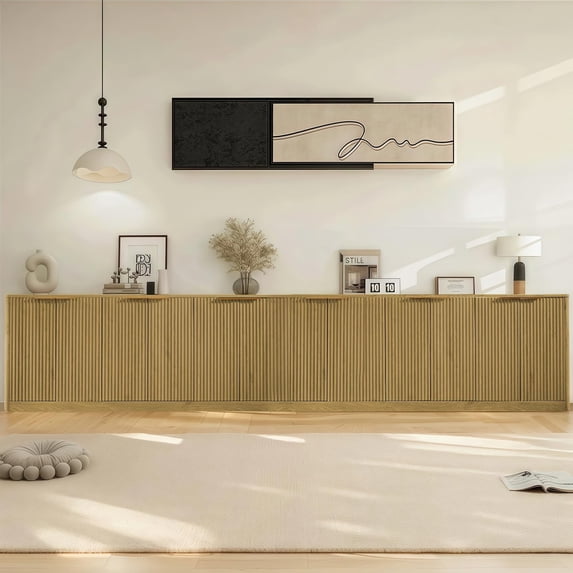 67" Modern Fluted Sideboard Buffet Cabinet - 6-Door Storage Credenza with Mid-Century Design for Living Room, Kitchen & Dining Room in Natural