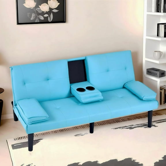 67"Modern Futon Sofa Bed,Convertible 3 in 1 Sleeper Bed Couches with Adjustable Backrest,Cup Holders,Comfy PU Leather Recliner Sofa Loveseat with Chrome Legs for Small Home Living Room (Blue)