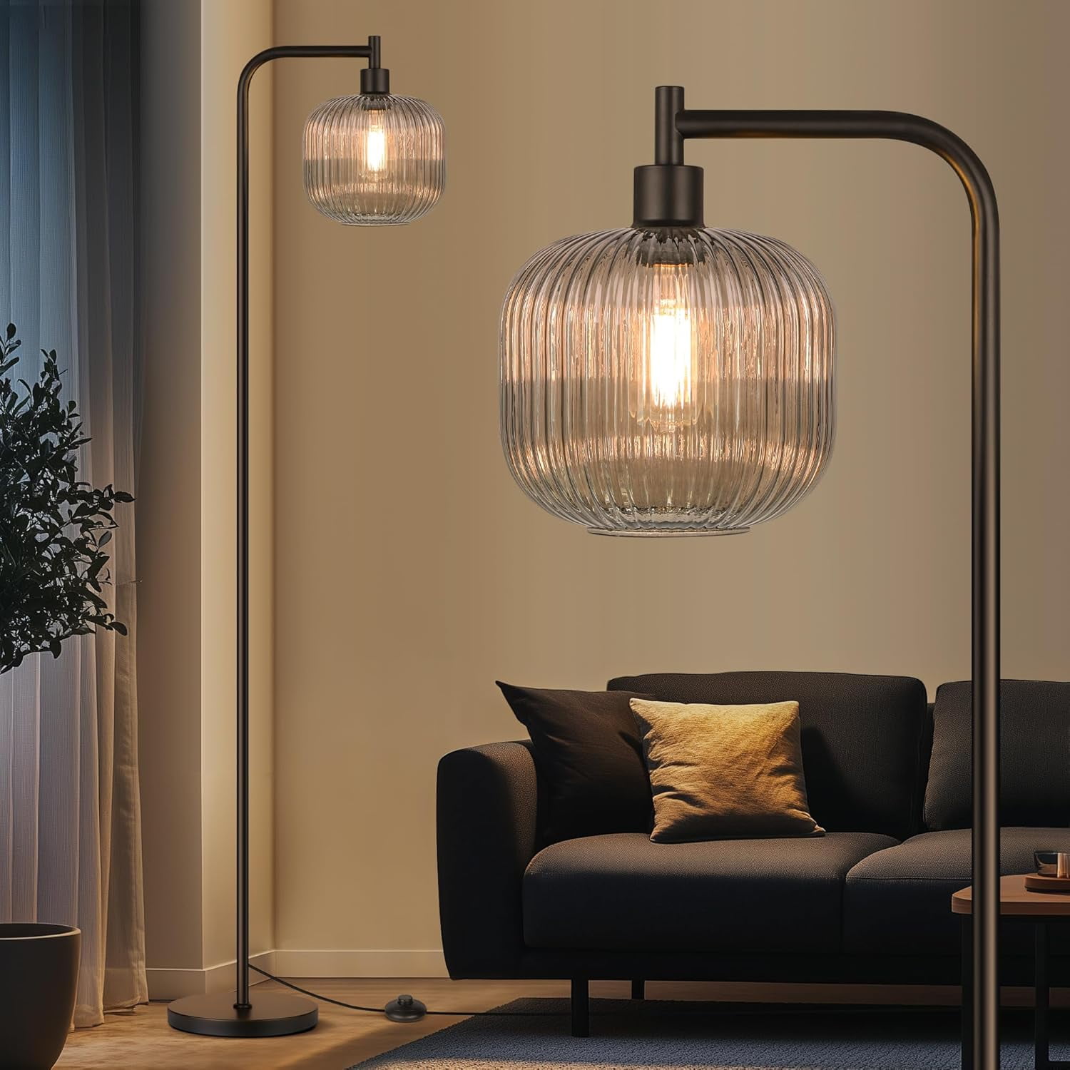 67” Modern Glass Floor Lamp for Living Room, Standing Lamp with Ribbed Grey Glass Lampshade Pedal Switch for Bedroom Study Room, Black (Bulb Included)