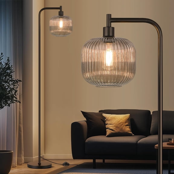 67 Modern Glass Floor Lamp for Living Room, Standing Lamp with Ribbed Grey Glass Lampshade Pedal Switch for Bedroom Study Room, Black (Bulb Included)