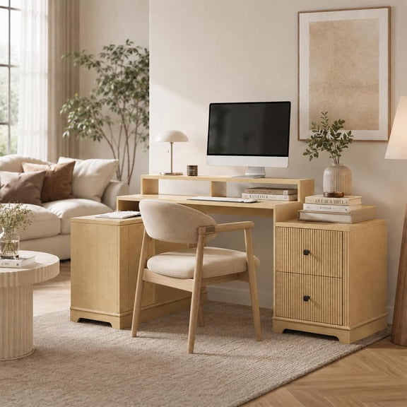 67" Modern L Shaped Desk with Storage Cabinet & Drawers, Wood Home Office Desk with Power Outlets, Fluted Computer Writing Desk, Oak