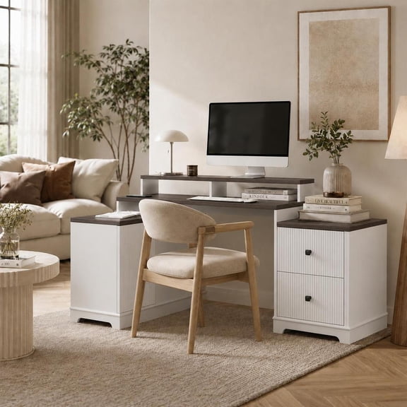 67" Modern L Shaped Desk with Storage Cabinet & Drawers, Wood Home Office Desk with Power Outlets, Fluted Computer Writing Desk, Oak