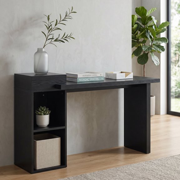 67" Modern MDF Console Table with 2-Tier Open Storage Shelves for Living Room, Black