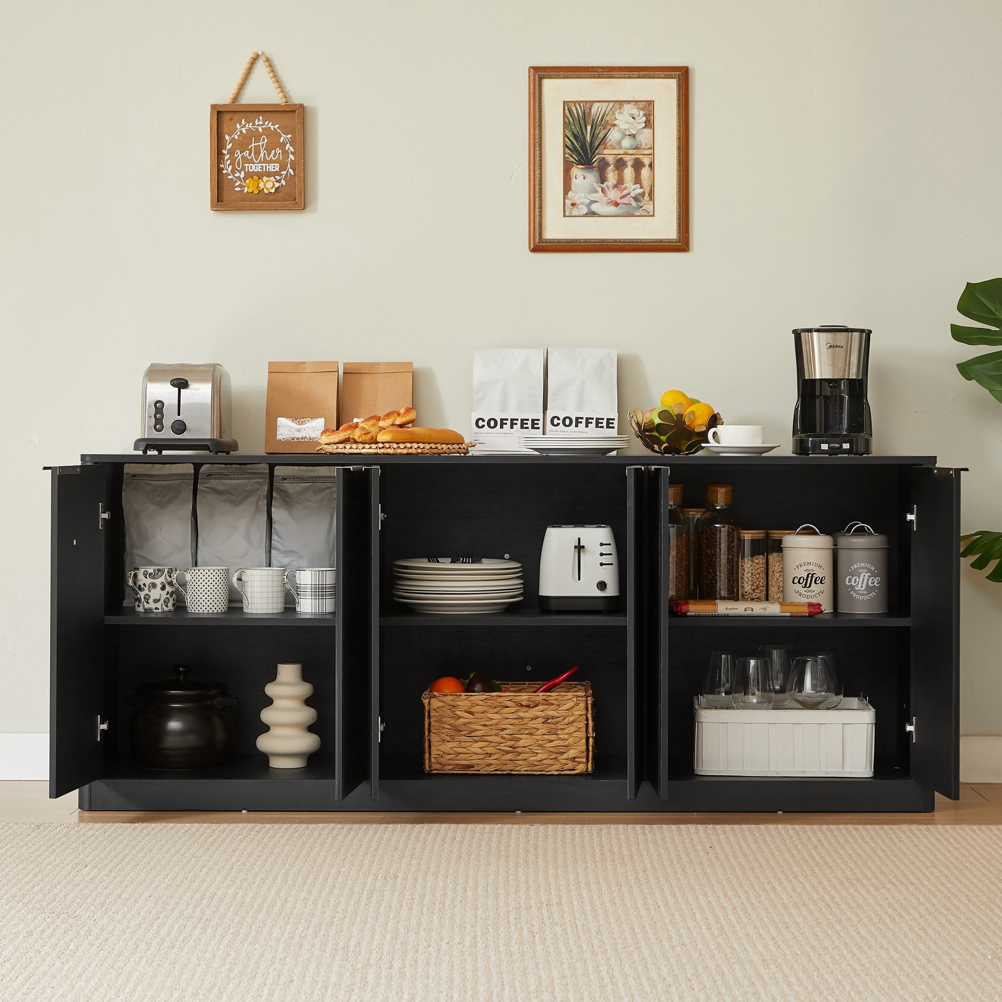 67" Modern Wavy Sideboard Cabinet, 6-Door Curved Storage Cabinet, Large TV Stand Buffet Console for Living Room Kitchen, Black