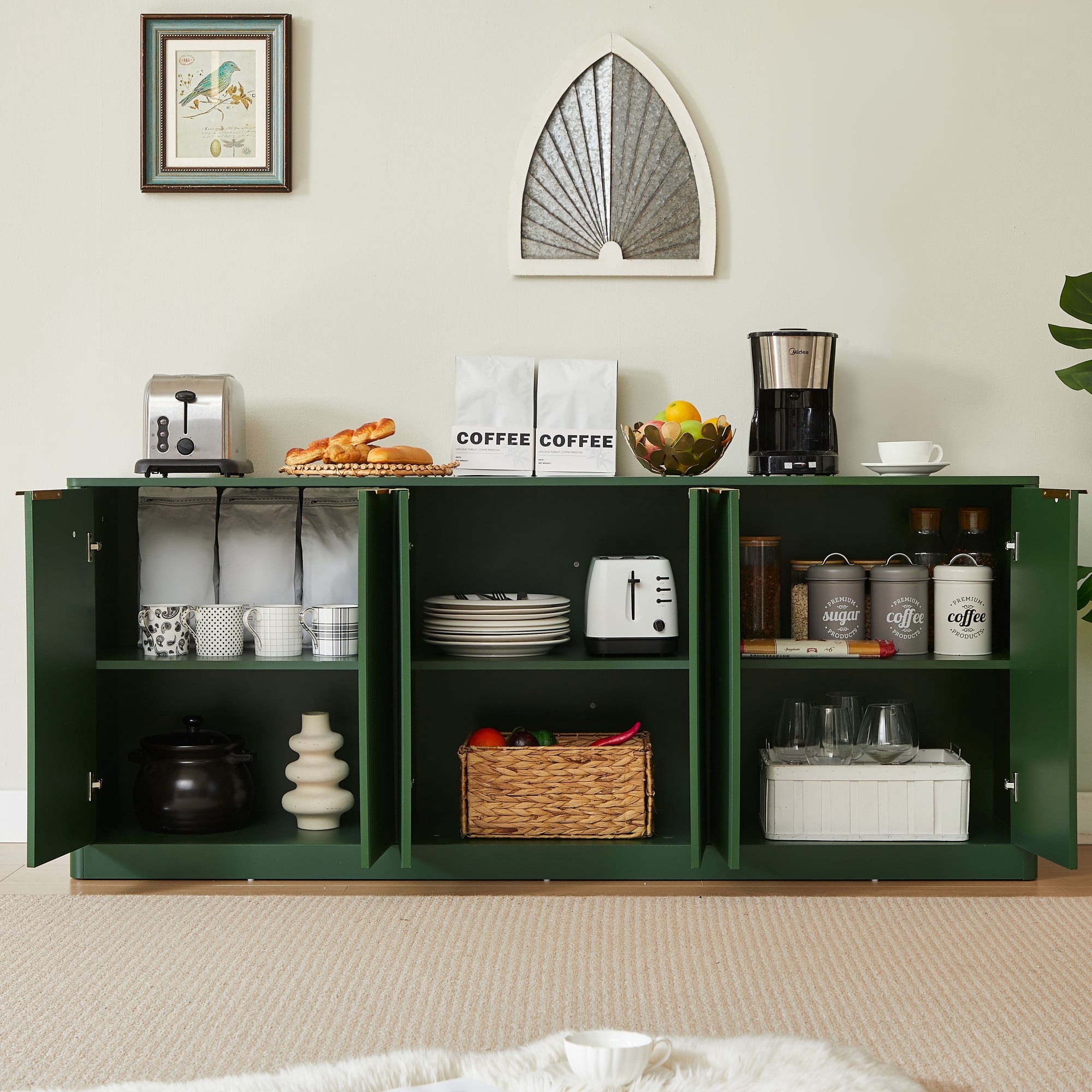 67" Modern Wavy Sideboard Cabinet, 6-Door Curved Storage Cabinet, Large TV Stand Buffet Console for Living Room Kitchen, Green