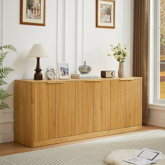 67''Modern Wavy Sideboard,Curved Contour Storage Cabinet with Hidden Compartments,6 Door Wooden TV Cabinet,Multi Functional Coffee Table with Rounded Edge,for Kitchen,Living Room,Natural