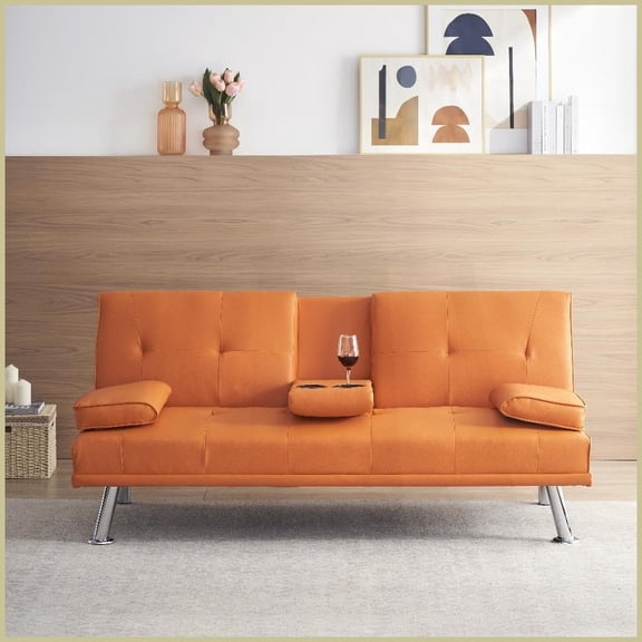 67" Orange PU Leather Multifunctional Sofa Bed with Coffee Table – Ideal for Office & Living Room