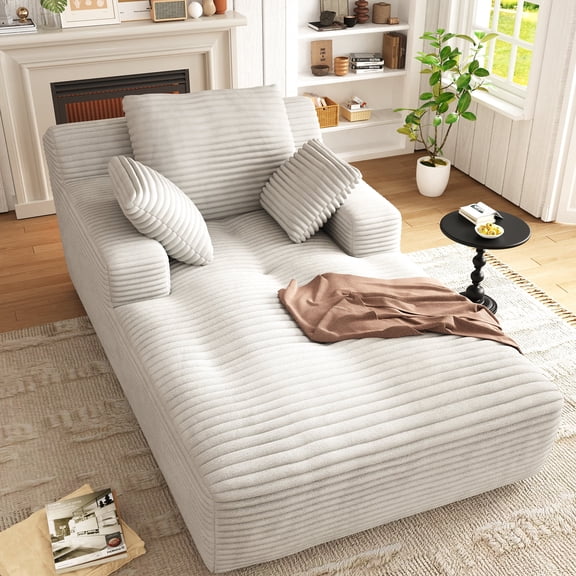 67'' Oversized Chaise Lounge Chair, Cloud Plush Corduroy Sofa Bed for Living Room, Modern Deep Seat Sleeper Couch with Back Cushion, No Assembly Required, (Oyster White)
