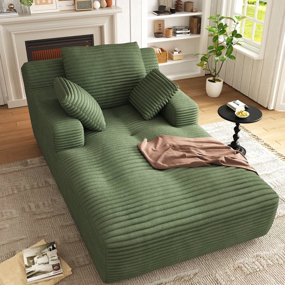 67'' Oversized Chaise Lounge Chair, Cloud Plush Corduroy Sofa Bed for Living Room, Modern Deep Seat Sleeper Couch with Back Cushion, No Assembly Required, (Sage Green)