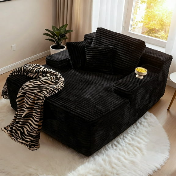 HOMIER 67'' Oversized Chaise Lounge Chair Indoor Cloud Plush Corduroy Floor Sofa Bed Deep Seat No Assembly Couch for Living Room, Black