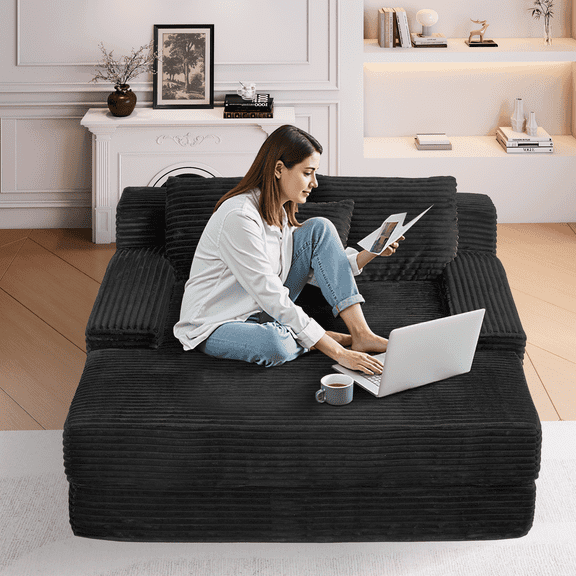GGUG 67" Oversized Chaise Lounge Couch, Corduroy Upholstered Sleeper Sofa Bed, Deep Seat Boneless Cloud Chair for Bedroom, Living Room, Apartment, No Assembly (Black)