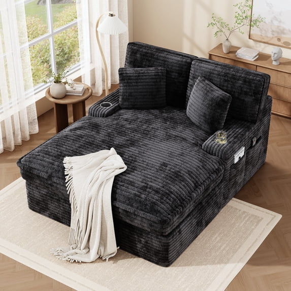 67" Oversized Corduroy Chaise Lounge Sofa Bed, Cloud Style Deep Seat Lounge Chair with 2 Cup Holders & Side Pockets, Comfy Sleeper Couch for Living Room, Bedroom, Apartment - Black