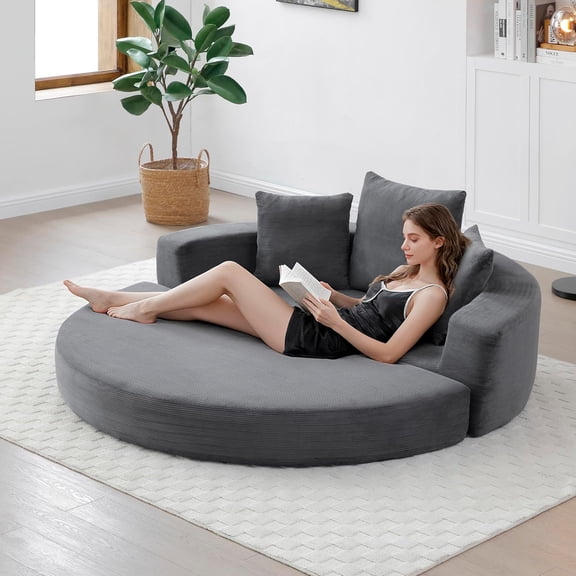 67” Oversized Round Sofa Bed, Convertible 2-in-1 Foldable Futon Chair, Corduroy Lounge Chaise Loveseat, No Assembly (Gray)