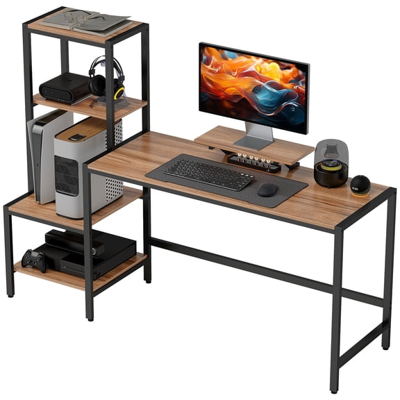 67" PC Desk, Rectangle CPU Desk with Monitor Stand, Storage Shelves, Adjustable Foot Pads, Brown