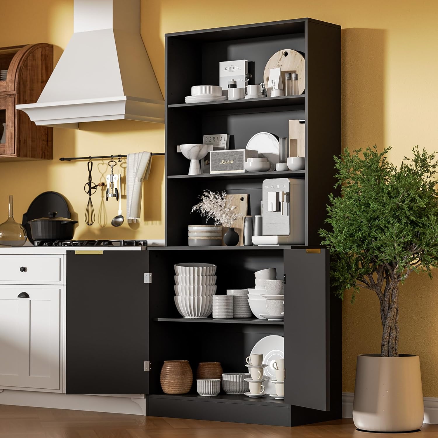 67" Pantry Cabinet with 2 Doors, 3-Tier Modern Kitchen Hutch with ...