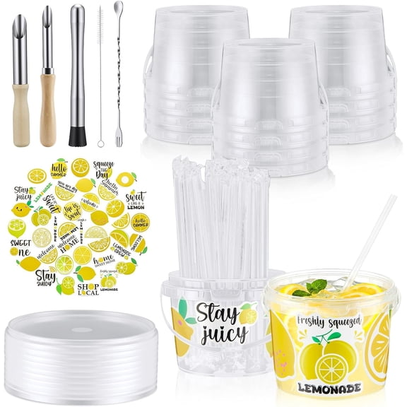 67 Pcs Lemonade Stand Supplies Include 30 Sets 16 oz Plastic Bucket with Lid and Straw, Muddler, Mixing Spoon, Straw Puncher, Brush, Lemon Stickers for Lemonade Stand Kit Summer Party Supplies