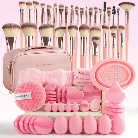 67 Pcs Pink Makeup Brushes Set, Professional Multi-Functional Makeup Tool Set with Leather Cosmetic Storage Bag, Facial Headband, Beauty Sponge, Powder Puffs, for Gifts