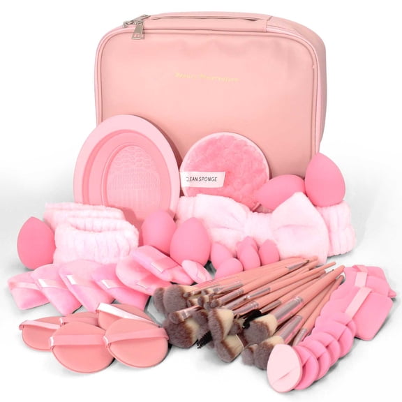 67 Pcs Pink Makeup Brushes Set, Professional Multi-Functional Makeup Tool Set with Leather Cosmetic Storage Bag, Facial Headband, Beauty Sponge, Powder Puffs, for Gifts