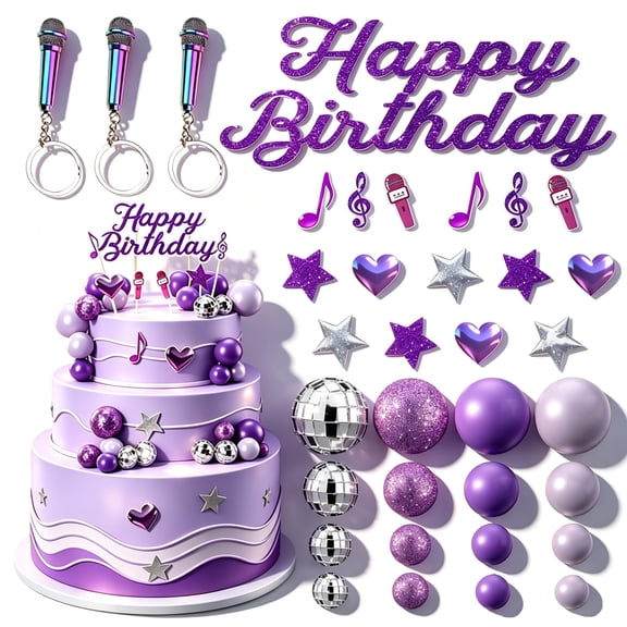 67 Pcs Purple Disco Ball Kpop Cake Topper Set, Purple Cake Decorations Kpop Birthday Decorations Kpop Cake Decorations for Music Singer Theme Party Supplies Cool Girl Bachelorette VT1