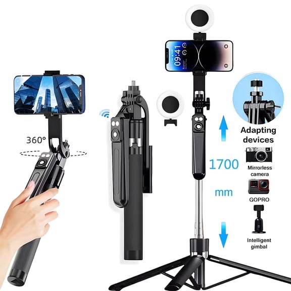 67" Phone Tripod Selfie Stick with Fill Light Compatible with iPhone, Samsung, Support Camera Video Recording Remote, Short Video Scrolling