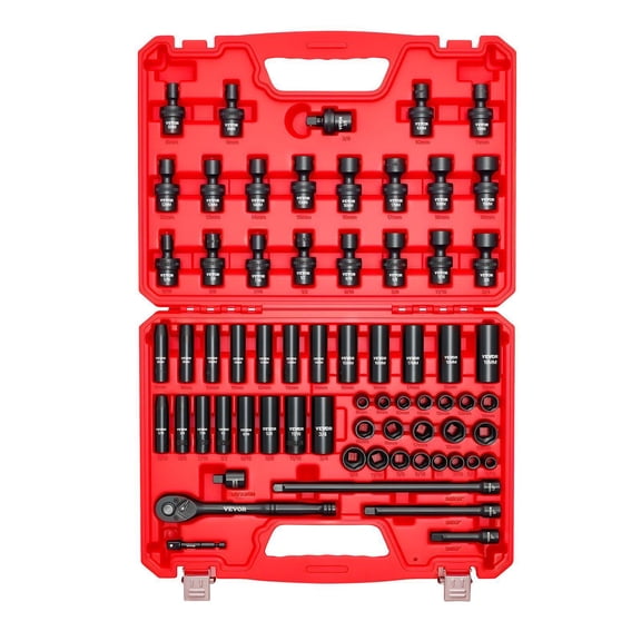 67-Piece 3/8" Drive Impact Socket Set - SAE 5/16" to 3/4" & Metric 8mm to 19mm - 6-Point Shallow & Deep Swivel Sockets with Adapters - Durable CrV & CrMo Steel in Sturdy Case